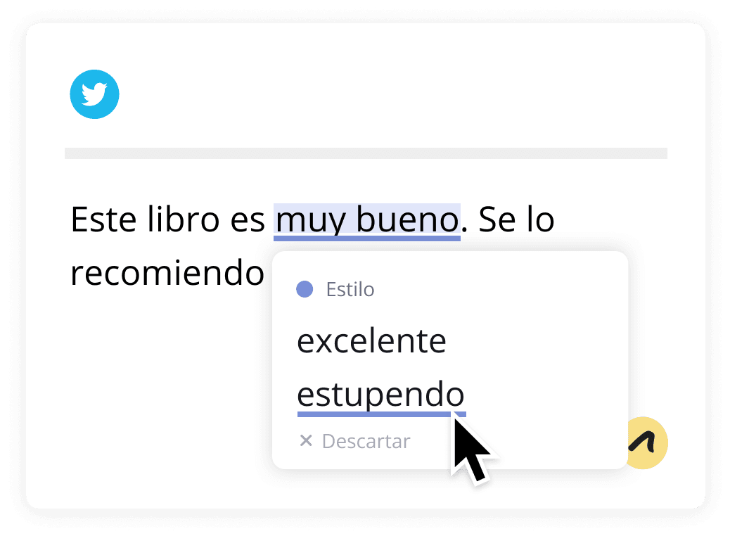 An Outwrite style pop up suggests replacing the phrase "muy bueno" with "estupendo"