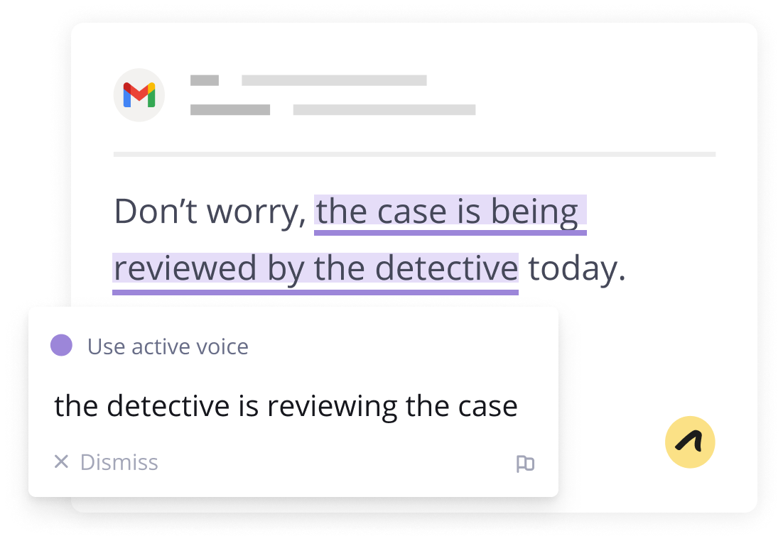 An Outwrite pop up suggests changing "the case is being reviewed by the detective" from passive voice to active voice