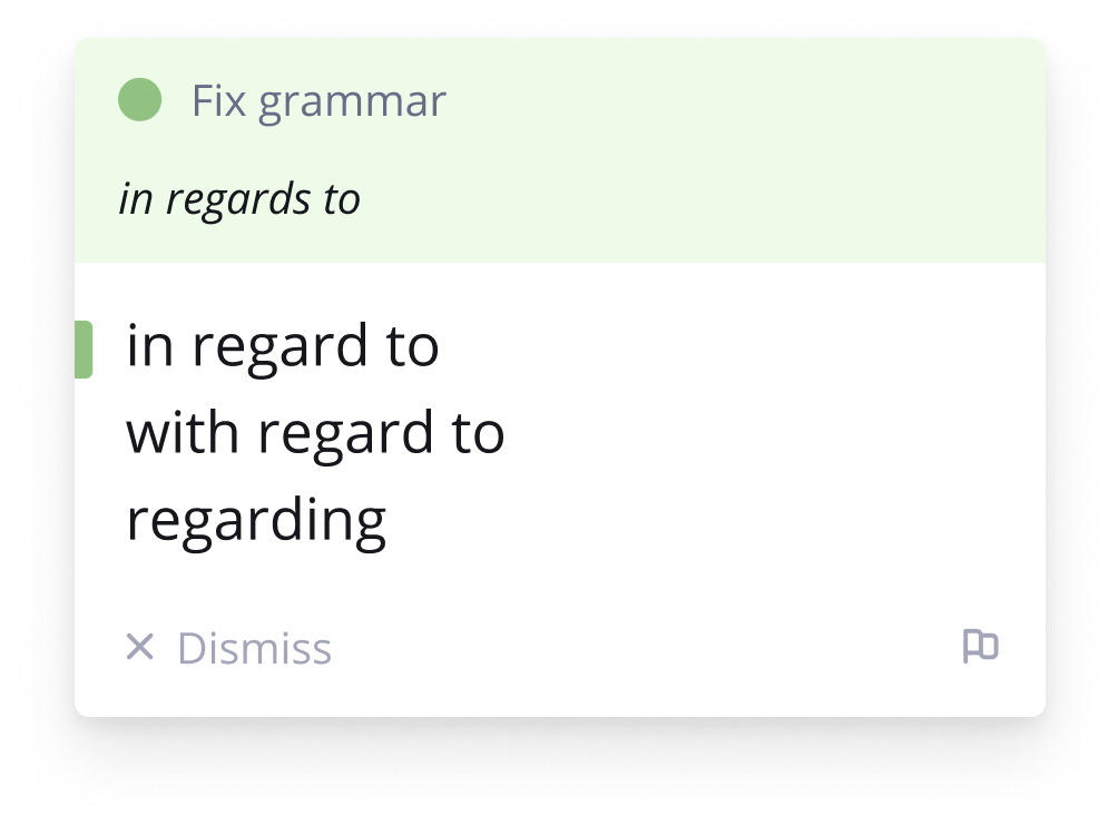 An Outwrite grammar pop up suggests three corrections for the phrase "in regards to"