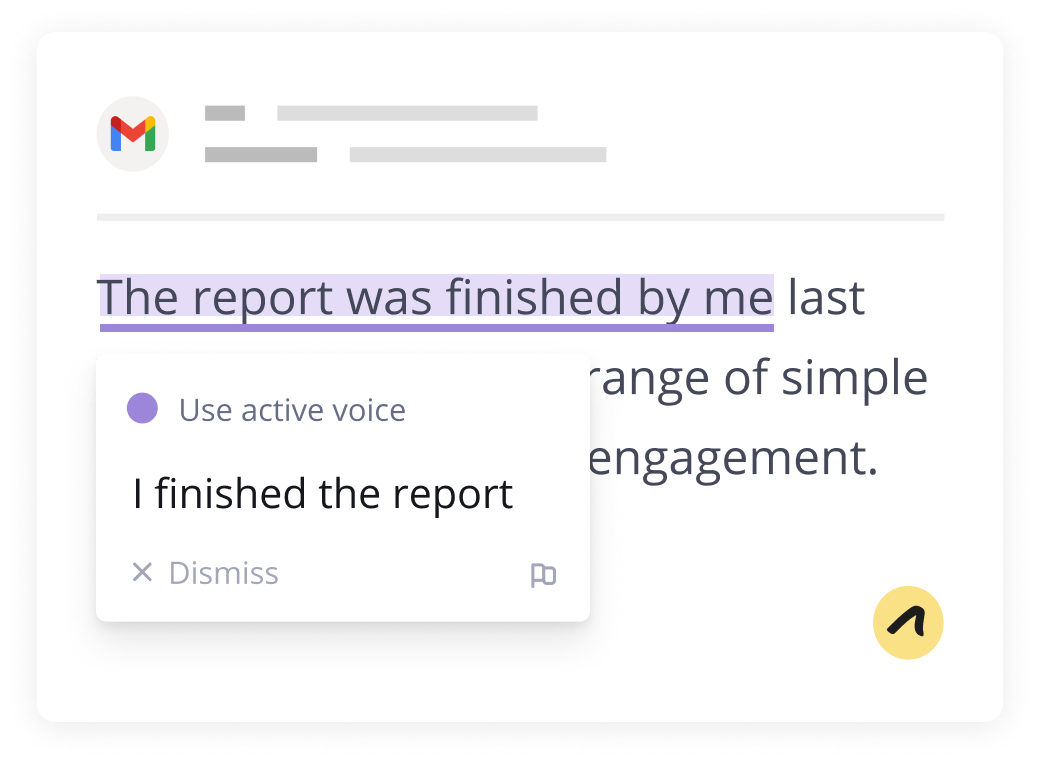 An Outwrite pop up suggests changing "the report was finished by me" to active voice