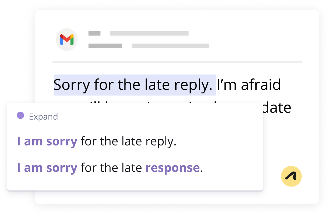Une pop-up de réécriture d'Outwrite suggère de développer la phrase "Désolé pour la réponse tardive" à "Je suis désolé pour la réponse tardive".