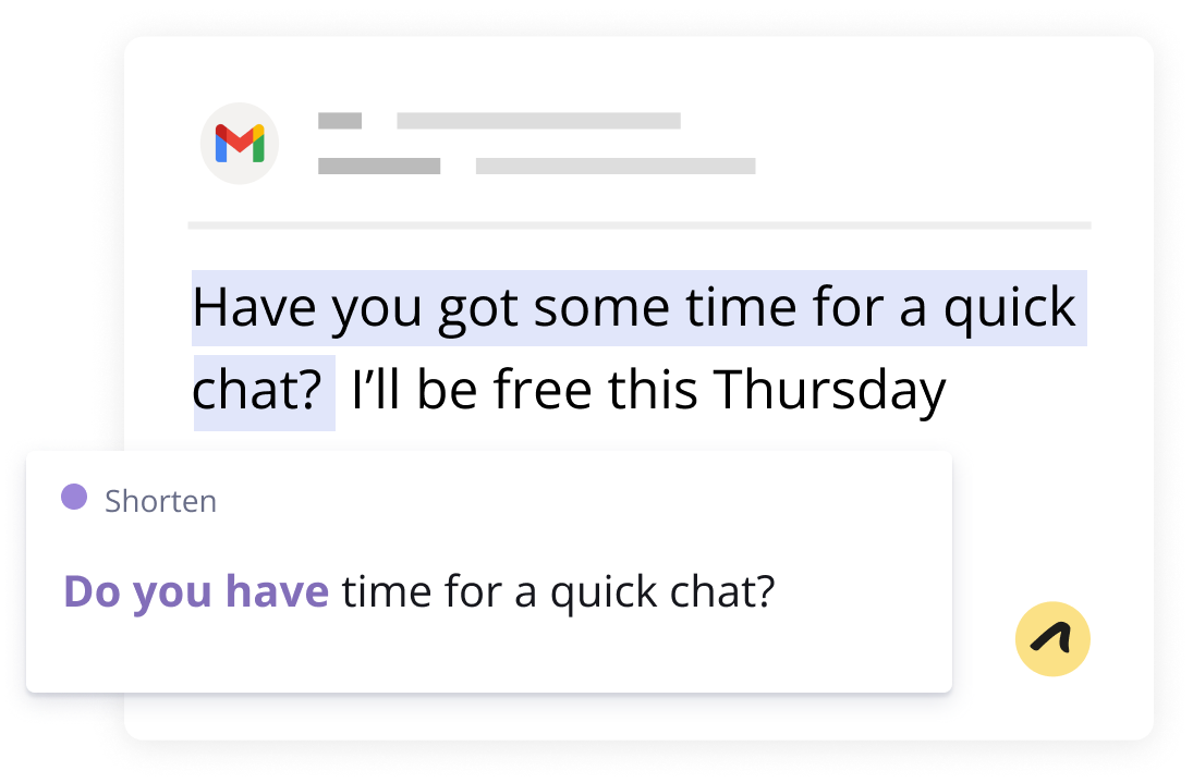 An Outwrite rewrite pop up suggests shortening the phrase "Have you got some time for a quick chat?" to "Do you have time for a quick chat?"