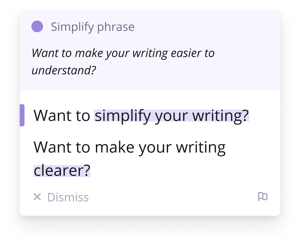 Una ventana emergente de reescritura de Outwrite brinda recomendaciones para simplificar la frase "¿Quieres hacer que tu escritura sea más fácil de entender?".
