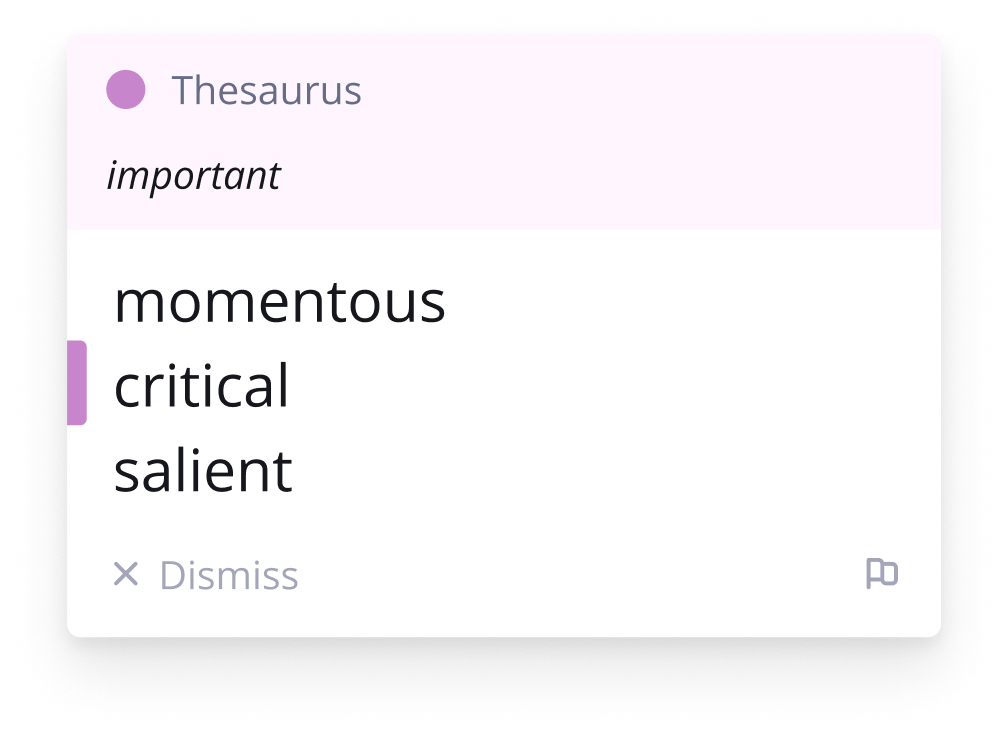 An Outwrite thesaurus pop up suggests a list of synonyms for the word "important"