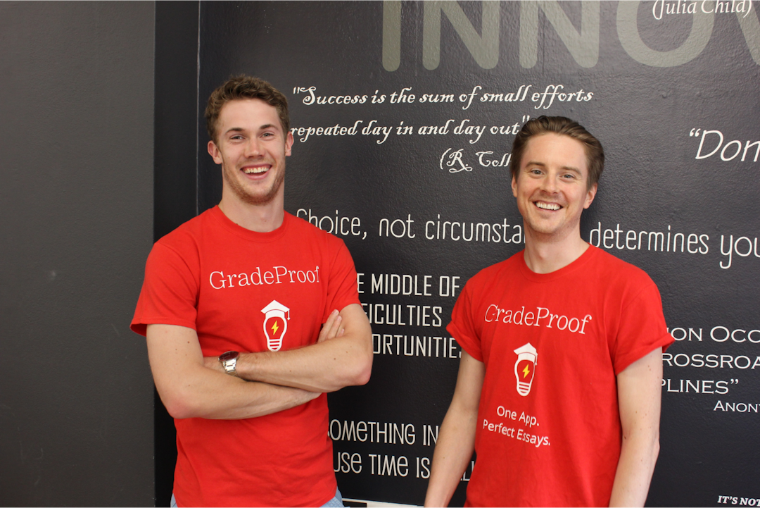 The Outwrite founders, Nick and Craig, wearing red GradeProof shirts